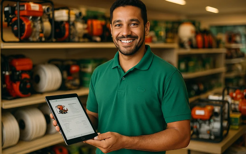 Consultor Sempre Verde atendendo cliente com equipamentos anti incêndio ao fundo